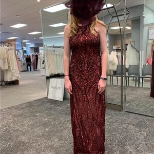 Elegant Crimson Beaded Formal Gown